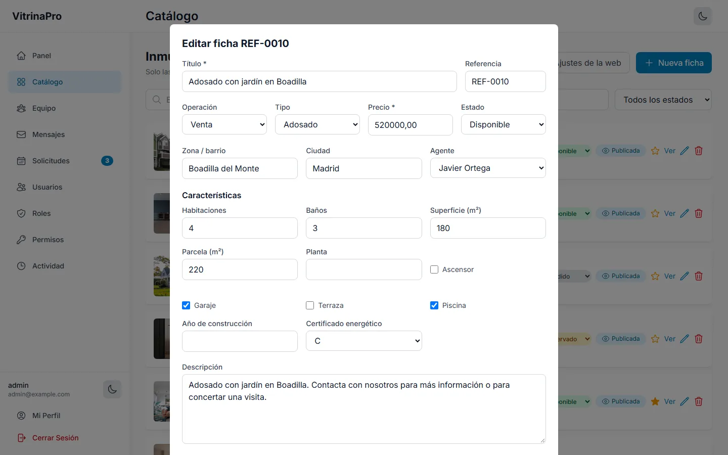 Panel: editar una ficha