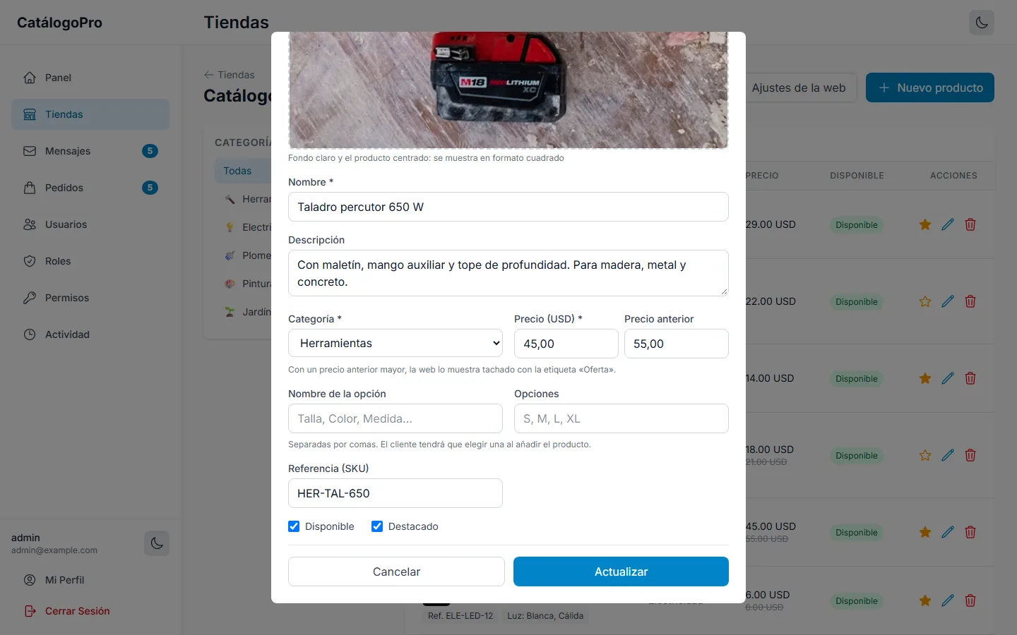 Panel: editar un producto