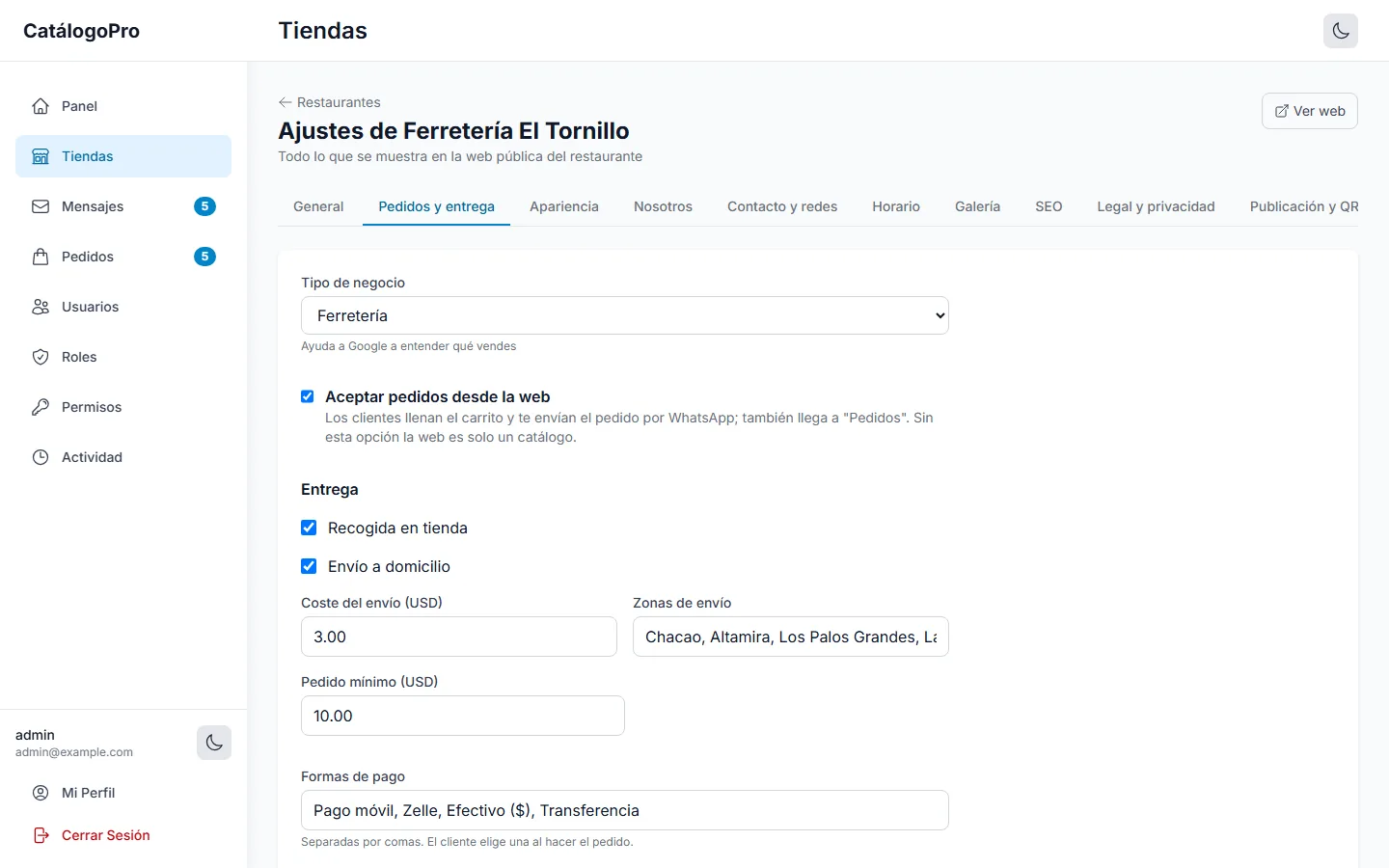 Panel: pedidos y entrega