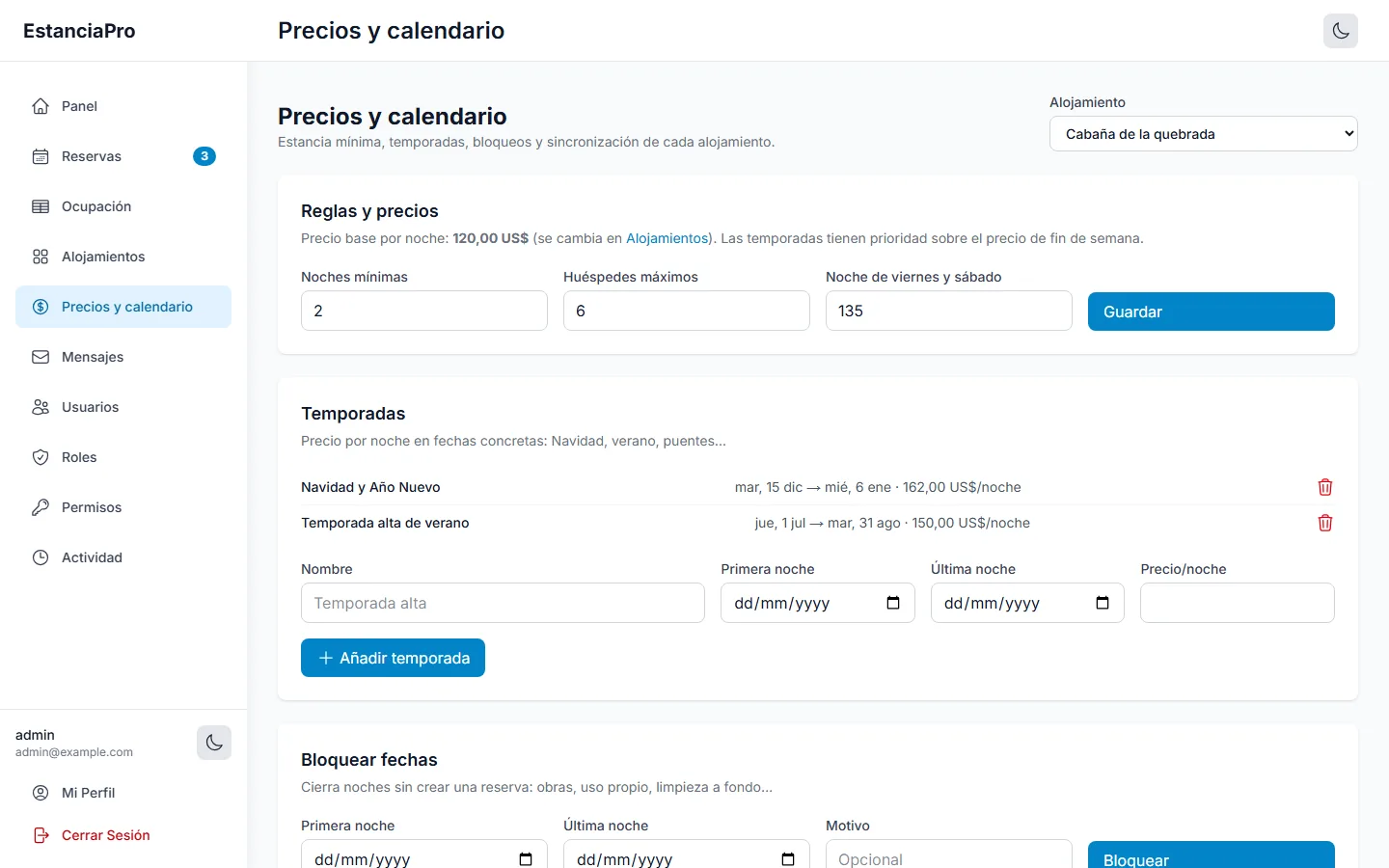 Panel: precios y temporadas