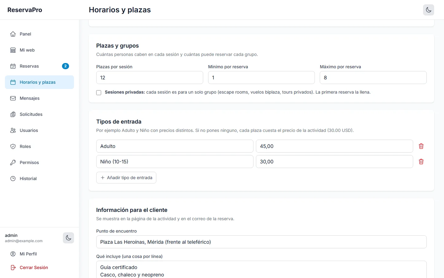 Panel: plazas y entradas